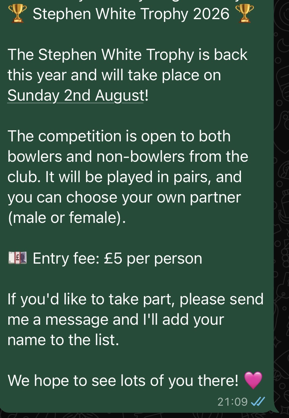 Stephen White Trophy 2026 @ Etherow Bowling Green, Hollingworth